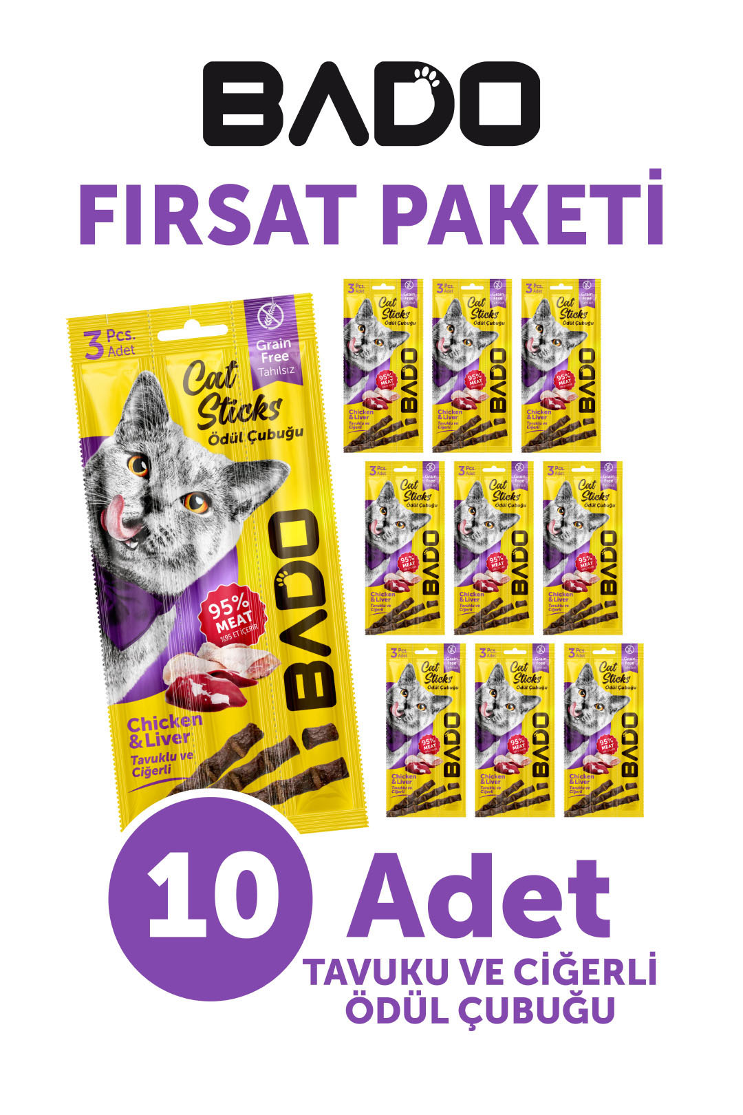 Bado Kedi Ödül Çubuğu Tavuk ve Ciğerli 3x5gr 10Lu - Görsel 1
