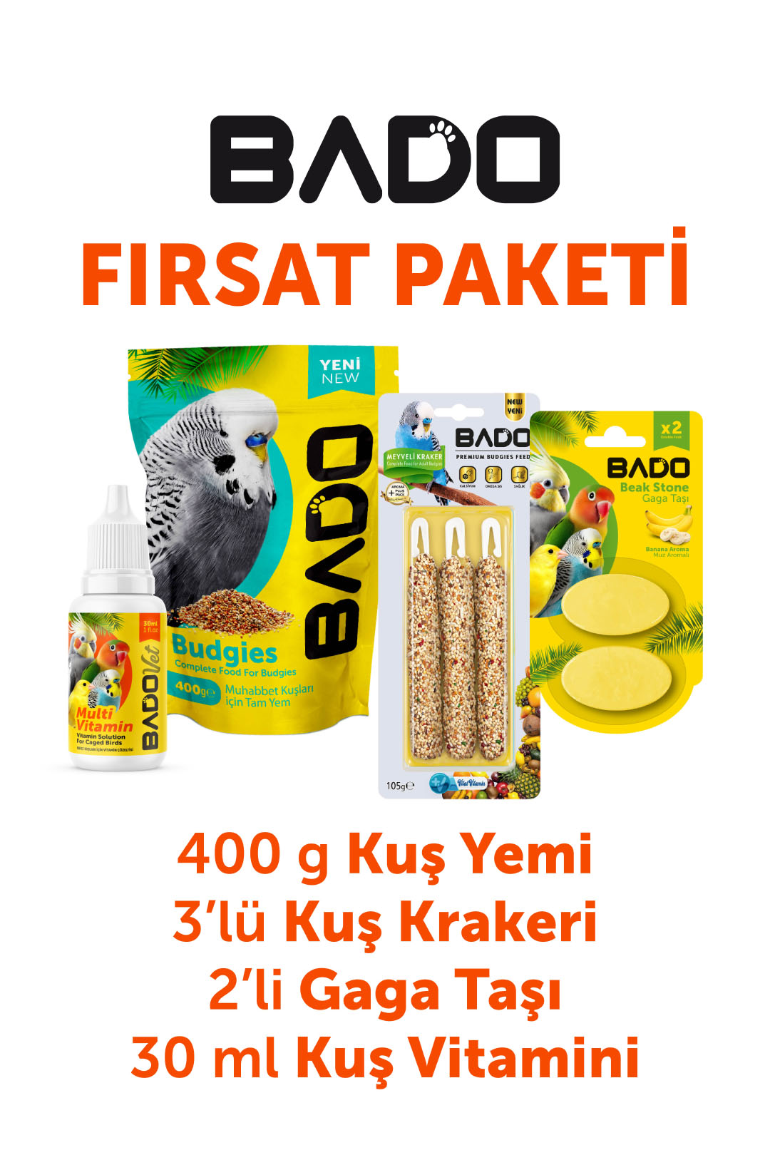 Bado Kuş Tanışma Paketi 4lü(Yem+Vitamin+Kraker+Gaga Taşı) - Görsel 1