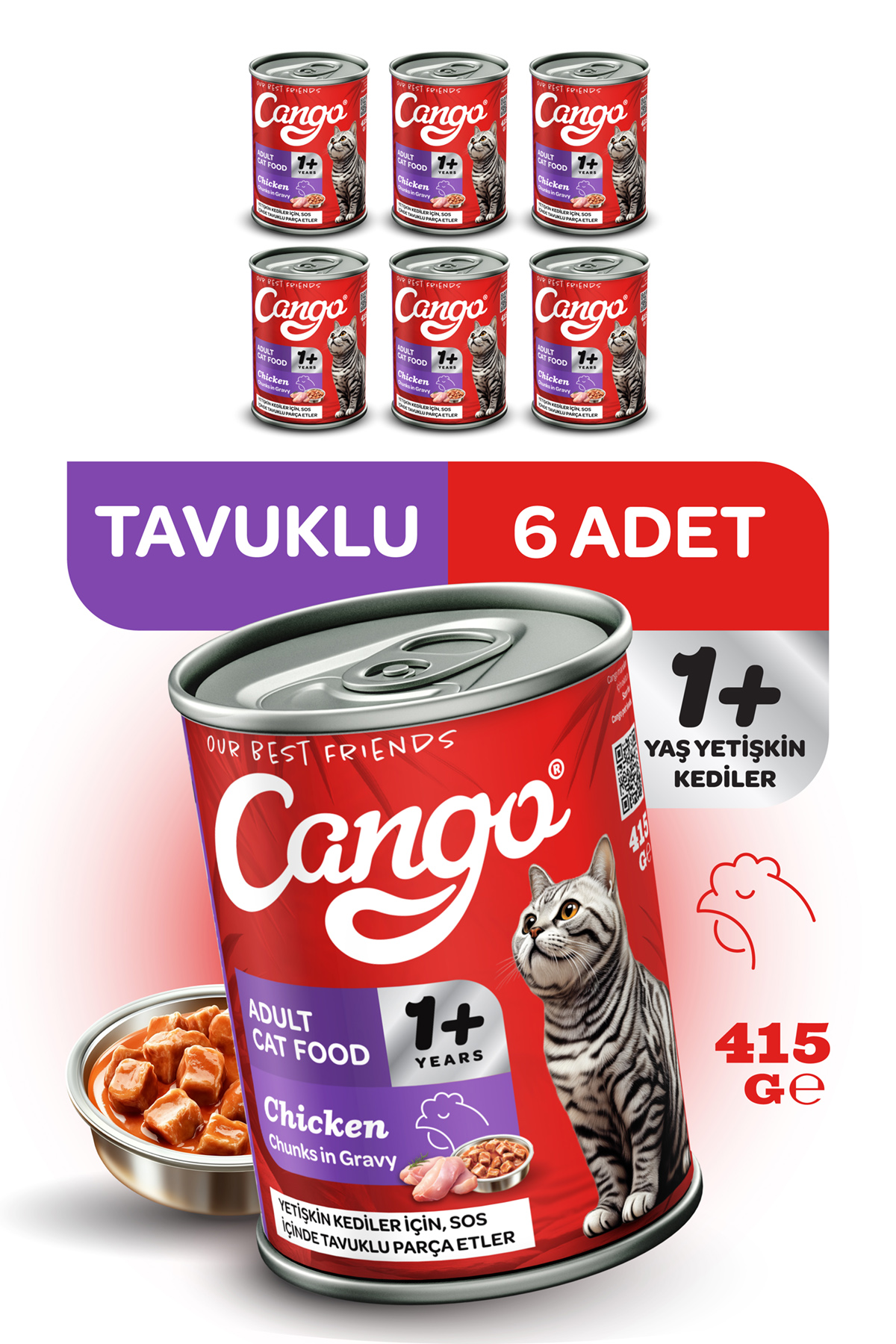 Cango Yetişkin Yaş Kedi Maması Tavuklu 415Gr 6Lı - Görsel 1
