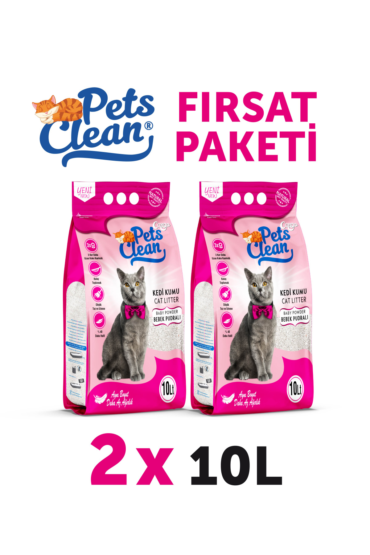 Pets Clean Kedi Kumu Pudralı 10Lt 2Li - Görsel 1