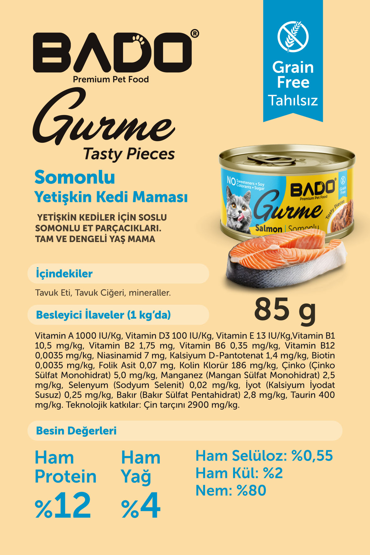 BADO GURME YAŞ YETİŞKİN KEDİ MAMASI SOMONLU 85 GR - Görsel 6