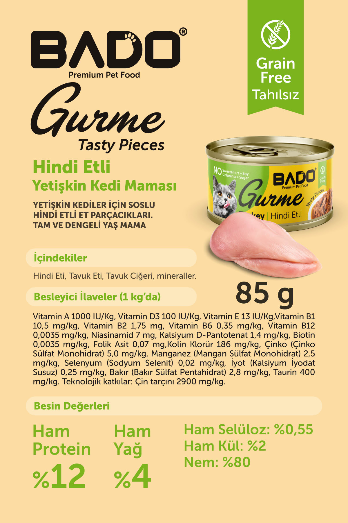 BADO GURME YAŞ YETİŞKİN KEDİ MAMASI HİNDİ ETLİ 85 GR 36 ADET - Görsel 7