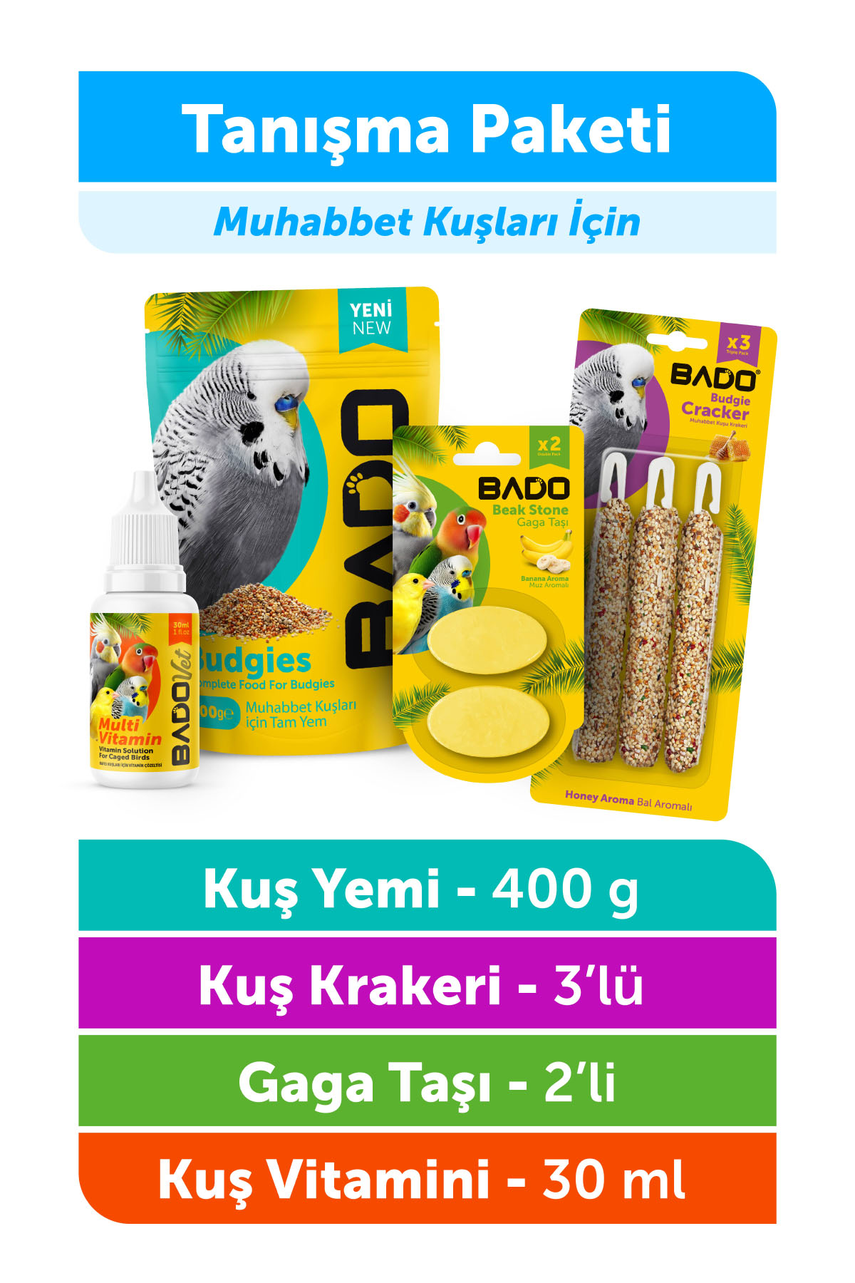 Bado Kuş Tanışma Paketi 4lü(Yem+Vitamin+Kraker+Gaga Taşı) - Görsel 2