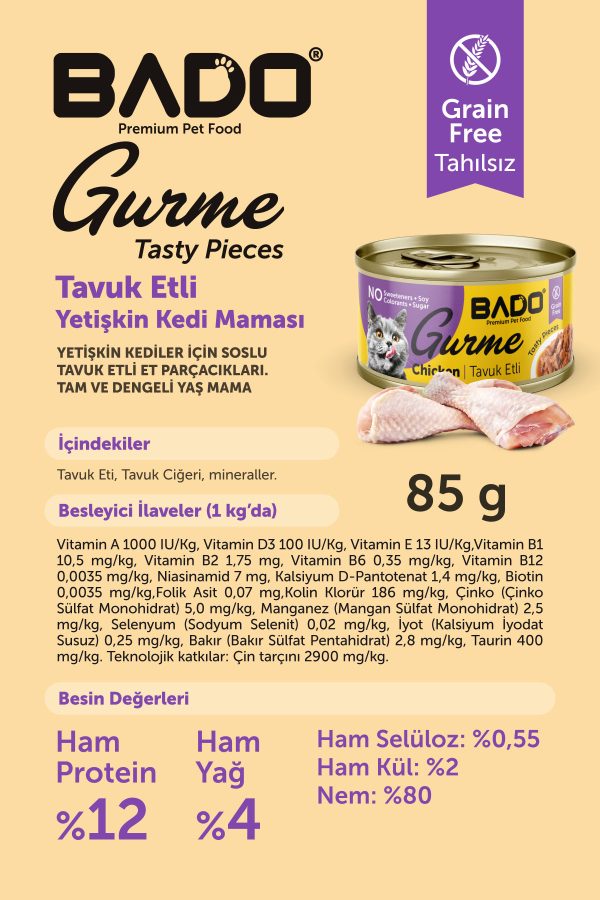 BADO GURME YAŞ YETİŞKİN KEDİ MAMASI TAVUKLU 85 GR 24 ADET