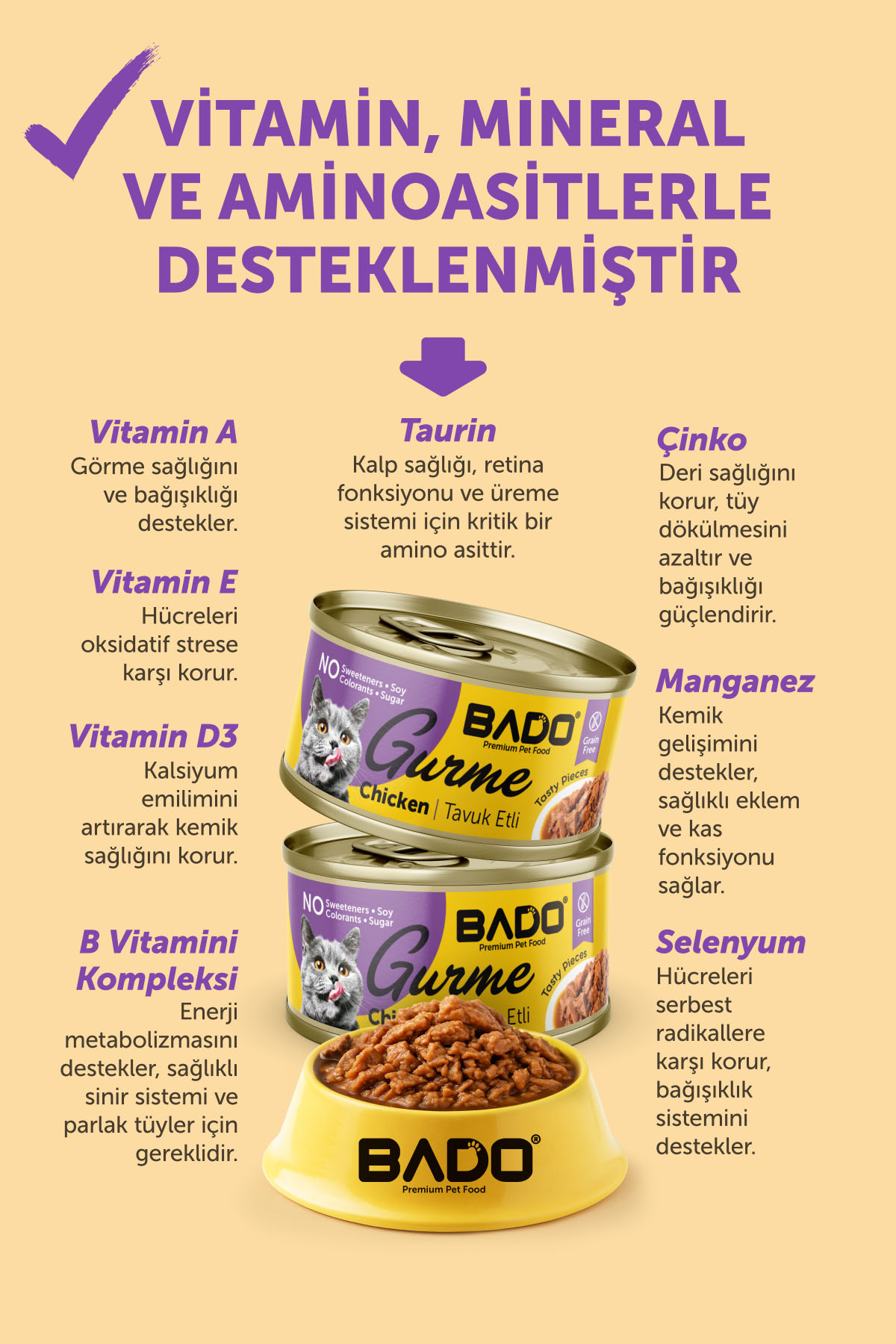 BADO GURME YAŞ YETİŞKİN KEDİ MAMASI TAVUKLU 85 GR 6 ADET - Görsel 8