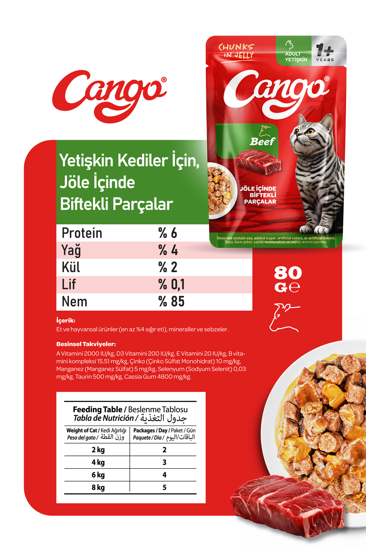 Cango Yaş Yetişkin Kedi Maması Etli Biftekli 80 GR - Görsel 3