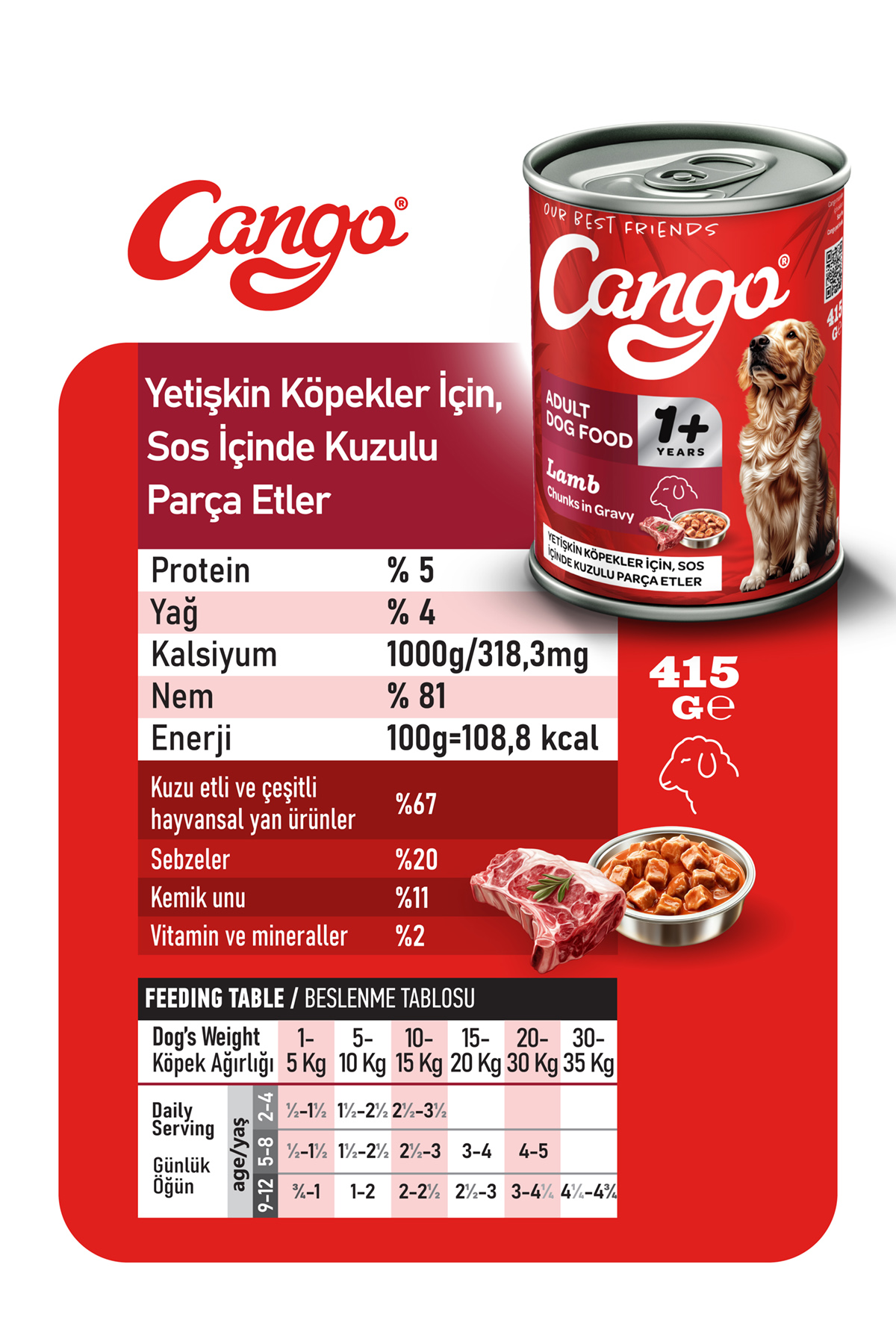 Cango Yetişkin Yaş Köpek Maması Kuzu Etli 415Gr 12Li - Görsel 3