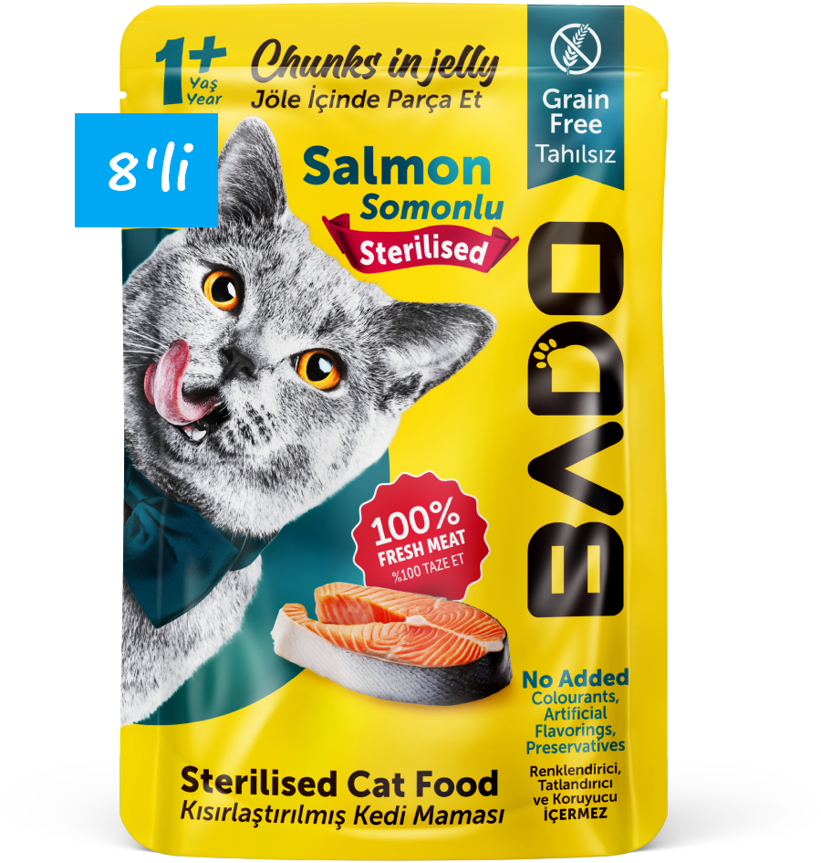 Bado Kısırlaştırılmış Yetişkin Yaş Kedi Maması Somonlu 85Gr 8