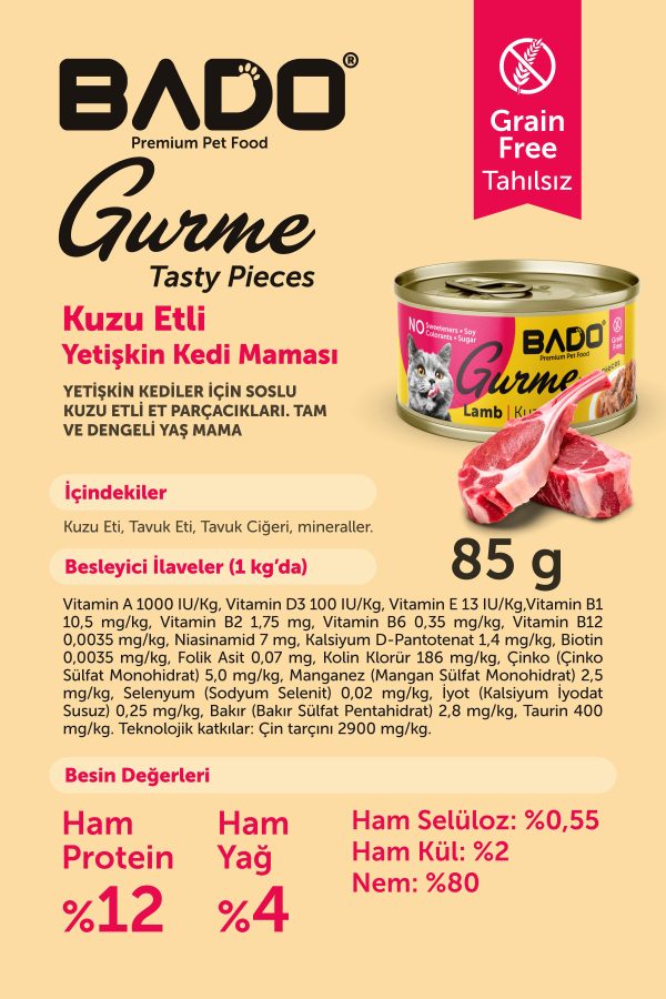 Bado Gurme Yaş Yetişkin Kedi Maması Kuzu Etli 85 Gr