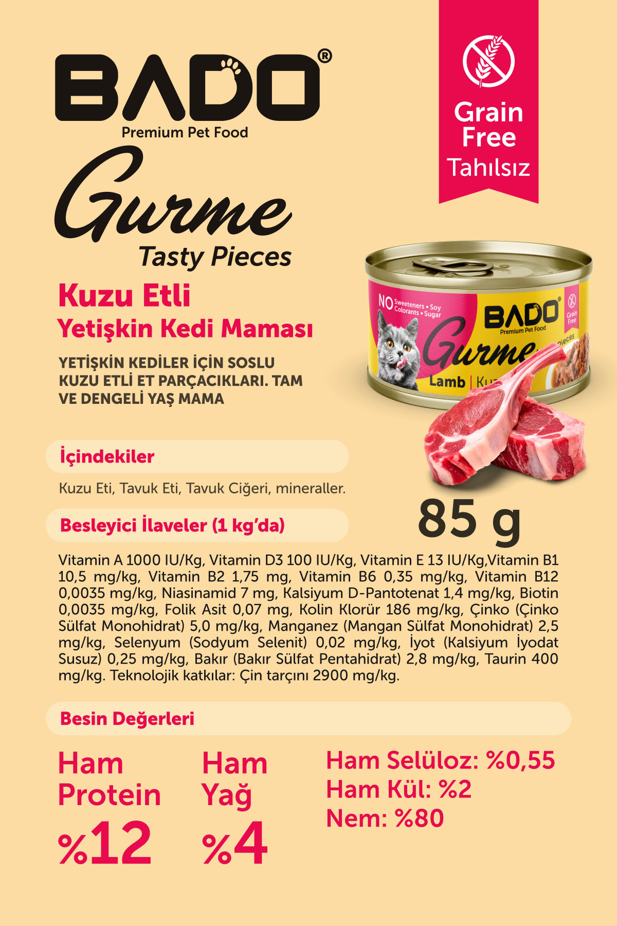 Bado Gurme Yaş Yetişkin Kedi Maması Kuzu Etli 85 Gr - Görsel 6