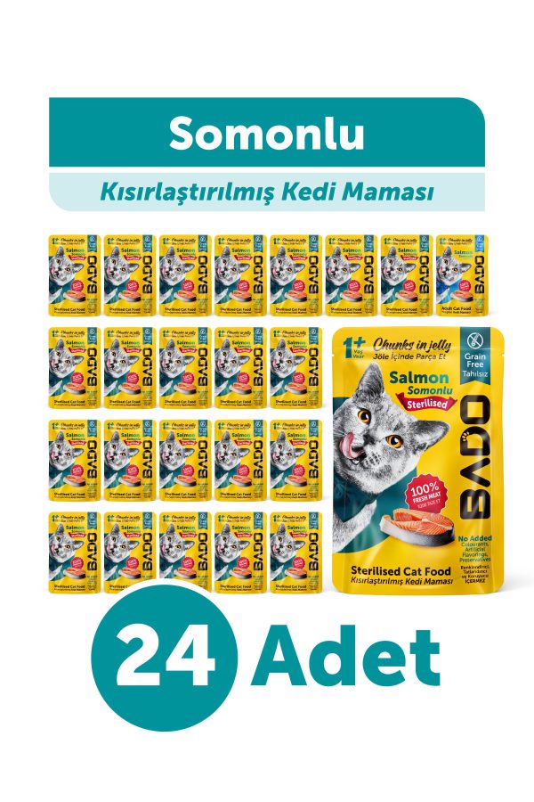Bado Kısırlaştırılmış Yetişkin Yaş Kedi Maması Somonlu 85Gr 24'lü