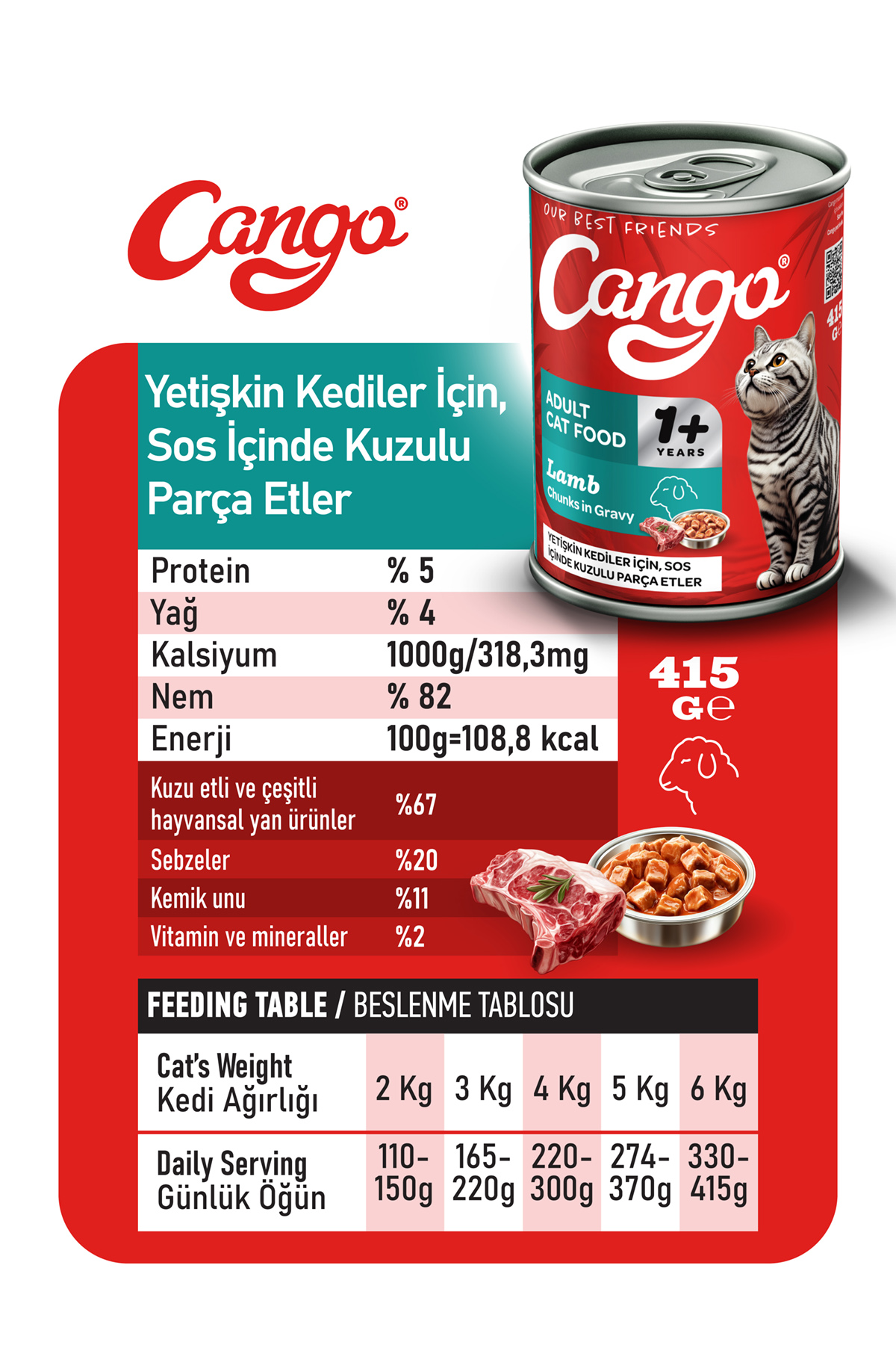 Cango Yetişkin Yaş Kedi Maması Kuzu Etli 415Gr 6Lı - Görsel 3