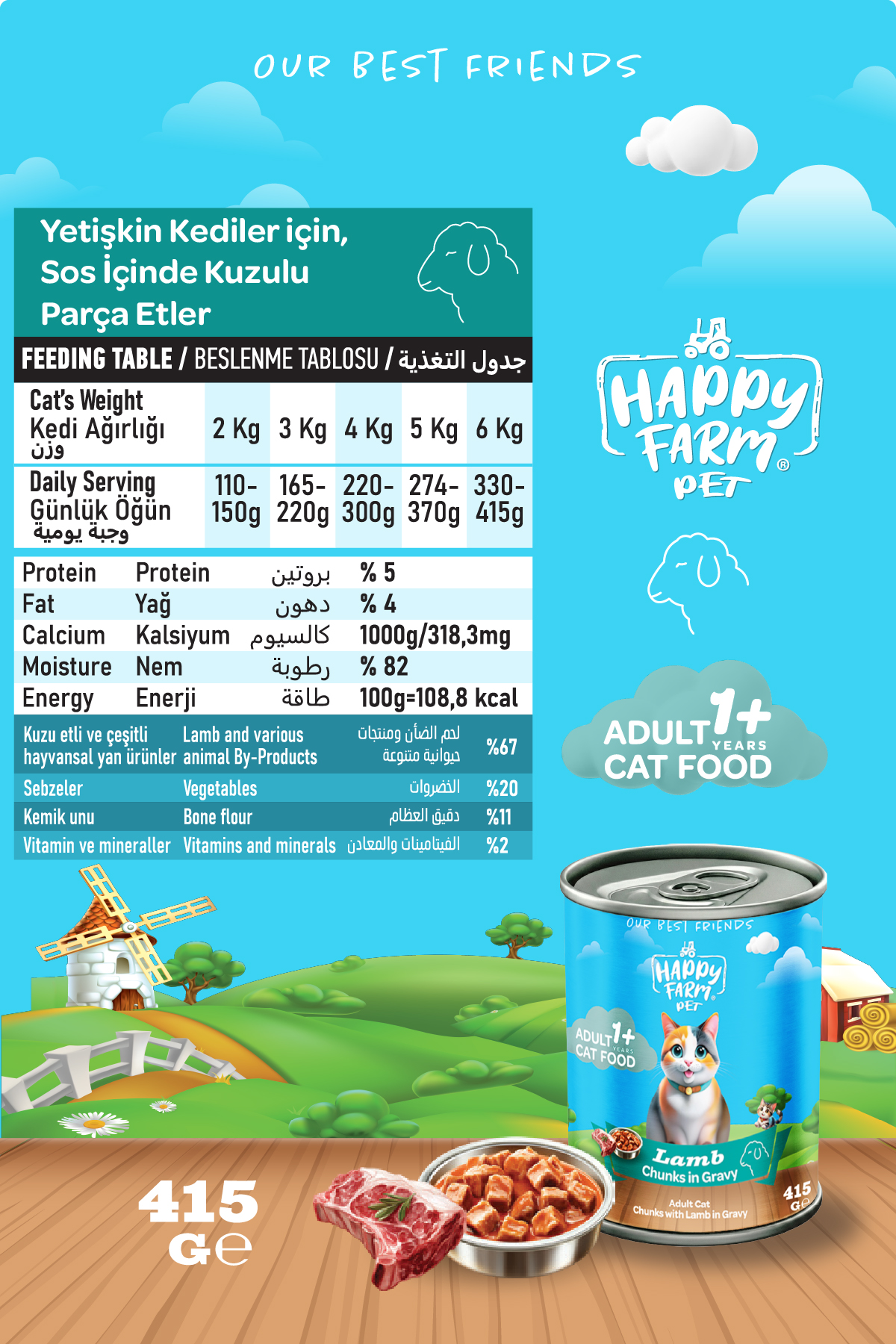 Happy Farm Yaş Kedi Maması Kuzu Etli 415 Gr 24 Adet - Görsel 2