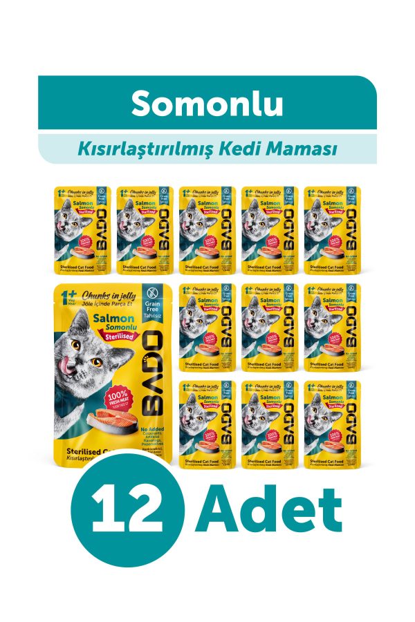Bado Kısırlaştırılmış Yetişkin Yaş Kedi Maması Somonlu 85Gr 12'li